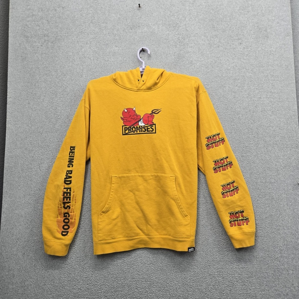 Broken Promises Men Hoodie LARGE Yellow Graphic Fleece Devil Flames